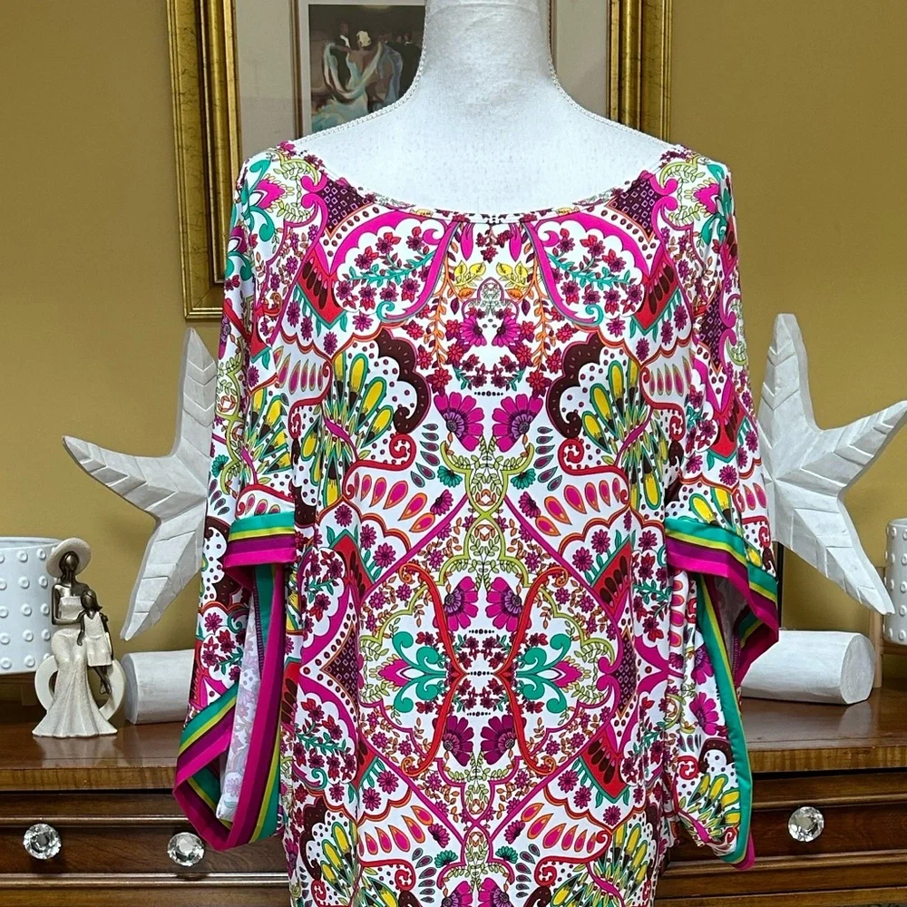 Trina Turk NWT Pink & Green Hawaiian Garden Boatneck Tunic Swim Cover Mini Dress - Picture 4 of 16